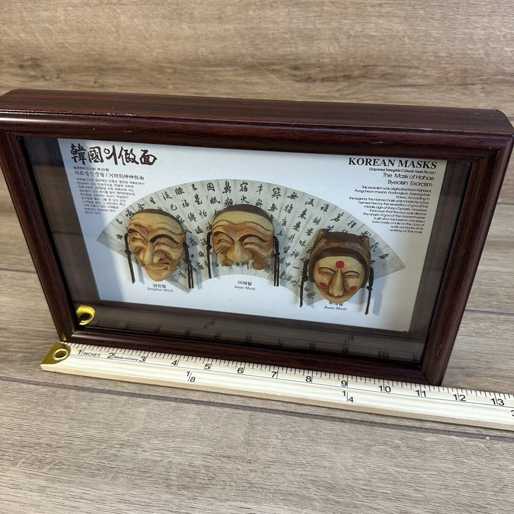 3 Korean Exorcism Masks Framed Shadowbox Yangban Imae Bune Hahoe Byeolsin‎ Koryo